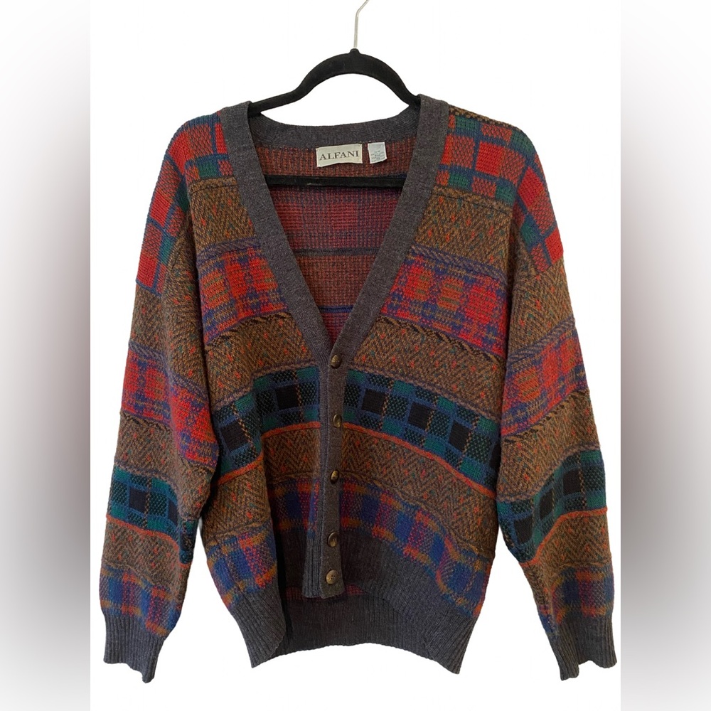 Vintage Alfani Christmas Cardigan Sweater Wool Blend Flannel Brown Texture Italy